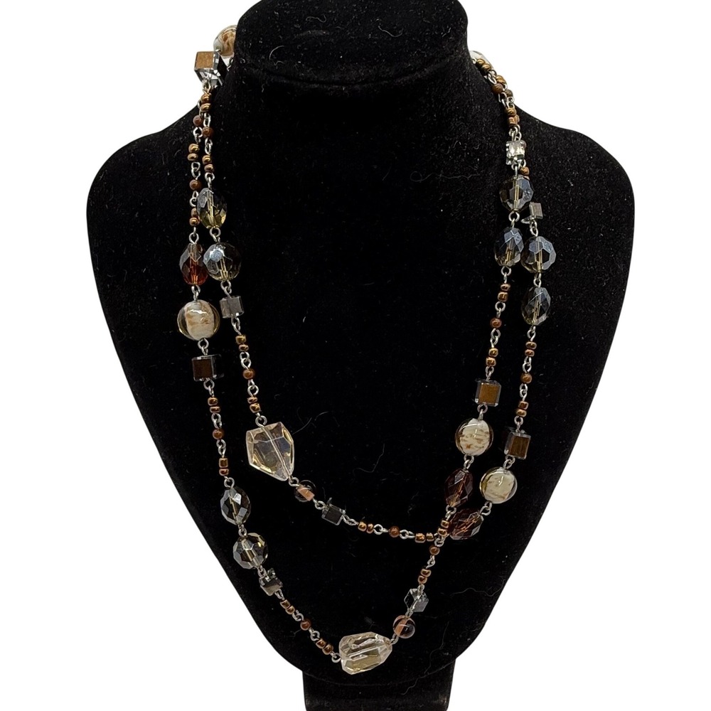 Primer Designs Long Earth‎ Tone Beaded Necklace Amber Brown Glass Silver Tone